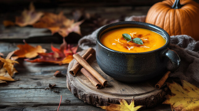 Autumn pumpkin soup with cinnamon sticks and fallen leaves