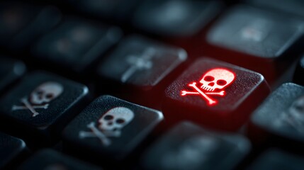 Cyber Security Threat: Skull and Crossbones Key on Keyboard