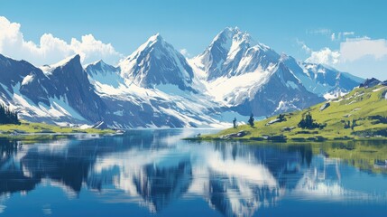 Fototapeta premium Serene Mountain Landscape with Snow-Capped Peaks and Calm Lake Reflecting Blue Sky