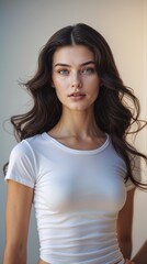 Fototapeta premium A stunning young woman with Slavic features, white T-shirt that accentuates her toned physique.