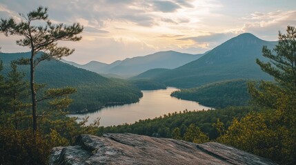 Scenic Landscape of Majestic Mountains and Serene Lake during Sunset in the Wilderness