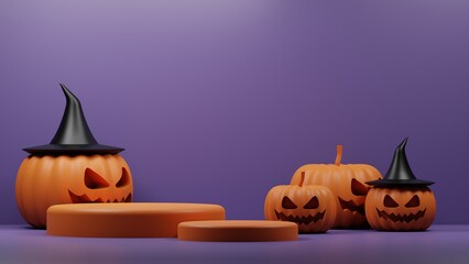 Happy Halloween podium background for product display, Orange pumpkins in hat, Realistic 3d design pedestal