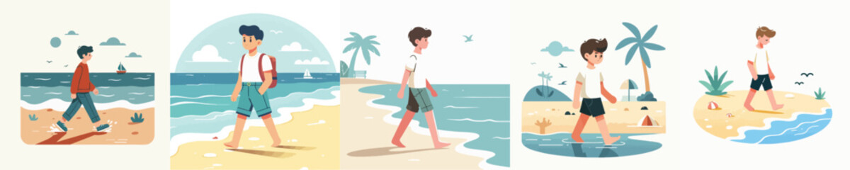 vector character of a little boy walking on the beach