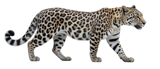 Realistic leopard walking gracefully, showcasing its distinctive spotted coat and muscular build. animal exudes sense of power and elegance its