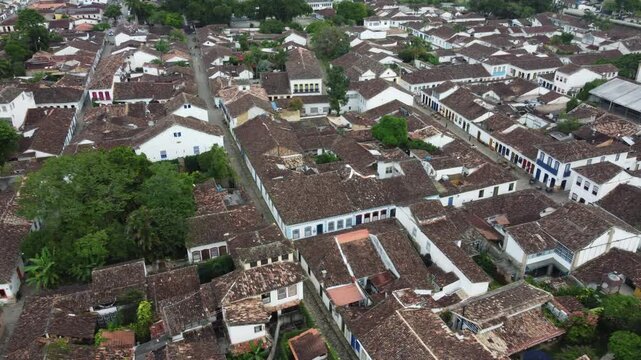 Parati, Rio de Janeiro, Brazil - april 01, 2024: Aerial view of Parati,  white colonial houses, cobbled streets, and lush tropical scenery by the sea.