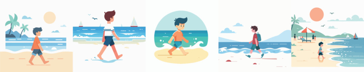 vector character of a little boy walking on the beach