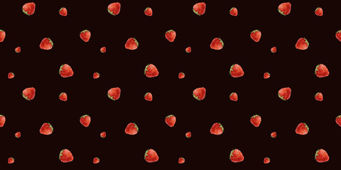 Simple Seamless surface pattern design of Watercolor Strawberry berries. Cute red little strawberry on dark background. Summer Botanical print for package, cosmetic, tablecloth, wallpapers, textile
