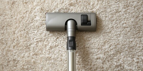 Vacuum cleaner head on a fluffy, light-colored carpet. Cleaning and home care concept. Close-up shot emphasizing texture and detail.