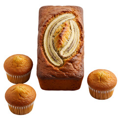 Banana Bread Loaf with Mini Muffins isolated on transparent baackground