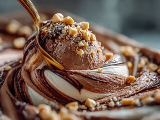 Close-up of chocolate hazelnut gelato with rich swirls, crushed nuts, and golden spoon, capturing smooth creamy texture and artisanal dessert appeal