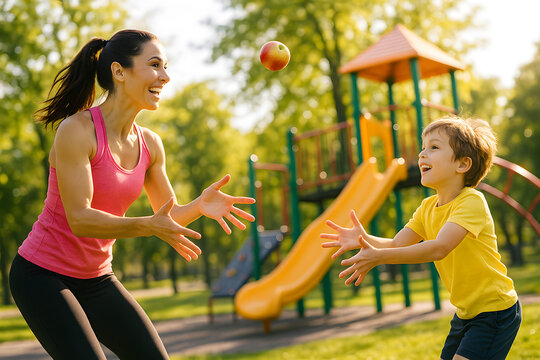 Young woman playing catch with boy in sunny park during the day  