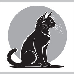 Black and white vector illustration of a cute cat sitting with a playful and artistic design