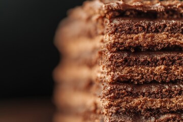 A stack of chocolate cake with a chocolate frosting. , with ample copy space for text.