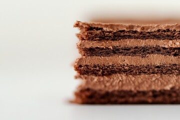 A stack of chocolate cake with a chocolate frosting. , with ample copy space for text.