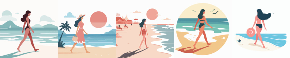 woman character vector walking on the beach