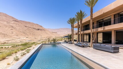 Fototapeta premium Modern desert villa with infinity pool overlooking arid mountains and sparse vegetation under a clear blue sky