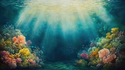 Fototapeta premium Underwater Scene with Vibrant Coral Reef and Sunlight Filtering Through Ocean Water