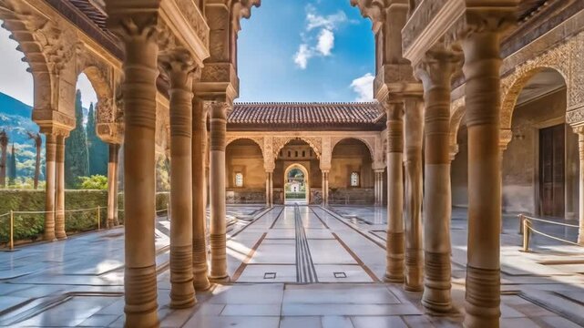 Magnificent Islamic architectural courtyard featuring ornate columns with intricate carvings and horseshoe arches creating stunning geometric patterns in golden sunlight