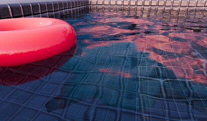Swimming pool, blue grid tiles floor with floats, 3D illustration