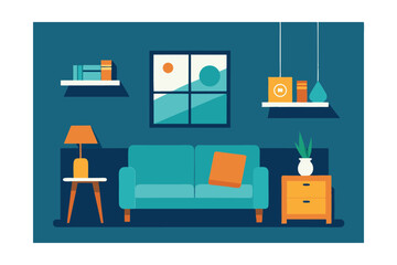 Cozy Living Room Interior Design  Modern Teal Sofa, Stylish Shelves, and Warm Lighting