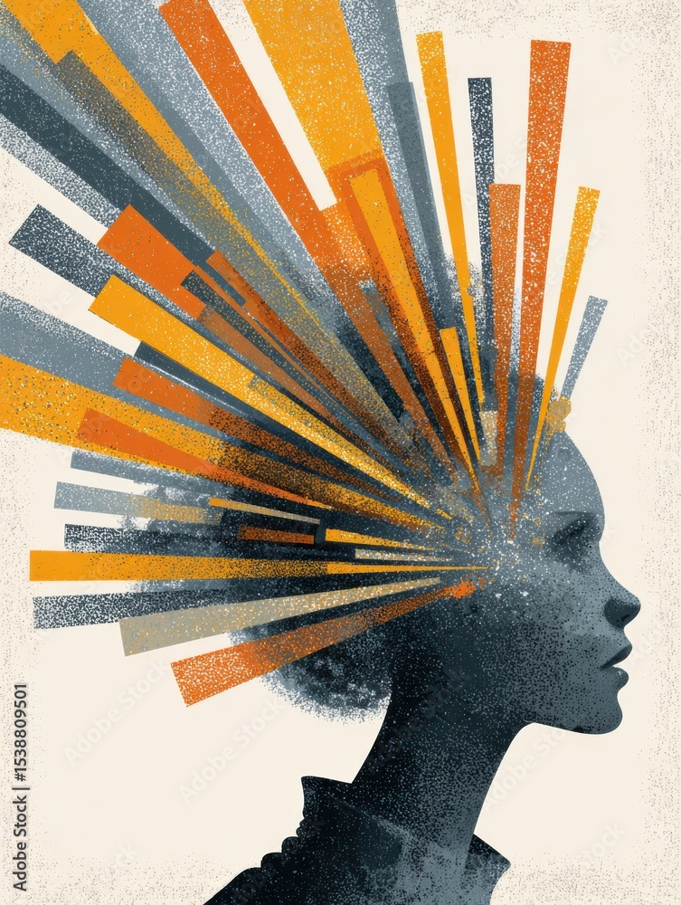 Poster stylized head with exploding lines illustrating the experience of anxiety and stress in modern life