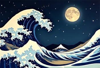 The huge waves under the moonlit night and Mount Fuji