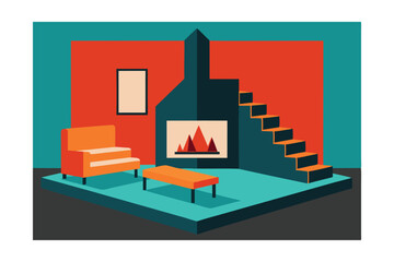 Fototapeta premium Mid-Century Modern Living Room Geometric Fireplace and Staircase Design Illustration