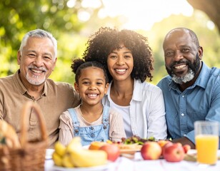 Happy diverse family enjoying outdoor picnic in sunny park, natural expressions, lifestyle photography style