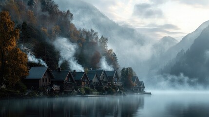 Fototapeta premium Serene Morning at a Lakefront Village Amid Mist and Mountains in Autumn Colors