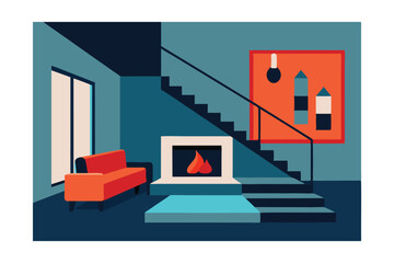 Fototapeta premium Modern Minimalist Home Interior Design Cozy Fireplace and Stylish Staircase