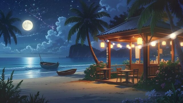 Cozy beachside restaurant under full moon with glowing lanterns, calm sea, starry sky, and tropical vibe. Peaceful anime-style night scenery perfect for relaxation and summer themes.

