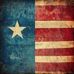 Vintage, distressed flag design.  Aged, textured, and slightly worn.  Showing a mix of blue, red, and beige/cream.  A star is prominently displayed on the left section