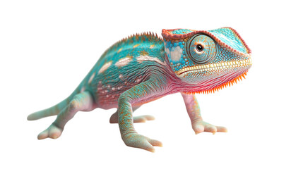 Fototapeta premium A vibrant green chameleon, a colorful reptile, is isolated on a white background, showcasing its unique eye and scales