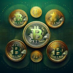Stunning Digital Illustration of Bitcoin Coins in Green and Gold, Representing Cryptocurrency and Financial Technology on a Textured Background