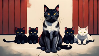 Majestic Black and White Cat with Four Kittens Cartoon Illustration, Happy Family, Anime-Style Artwork, Cute Pets, Domestic Animals, Studio Shot