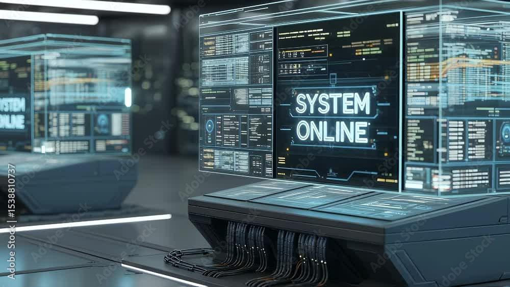 Poster system online: futuristic technological prowess with holographic interfaces and advanced data visual