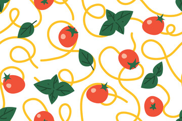 italian pasta seamless pattern: spaghetti, cherry tomatoes and basil leaves; ideal for kitchen-themed designs, restaurant branding, wrapping paper, or textile prints- vector illustration