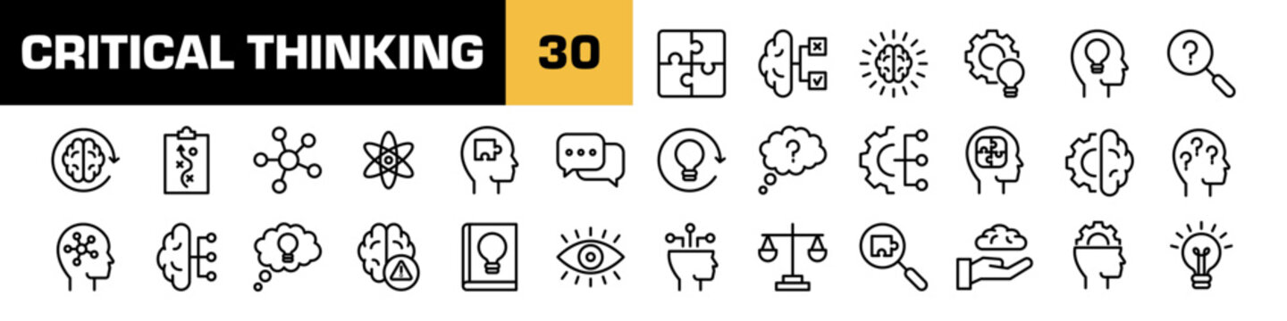 Critical thinking icons. Brain logic vector set. Critical thinking line icon set.