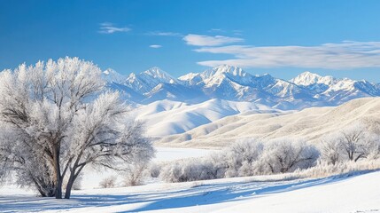 Obraz premium Scenic Winter Landscape with Snow-Covered Mountains and Frosty Trees Under Clear Blue Sky
