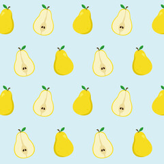 Whole and half  yellow pear seamless pattern. Fruit cartoon. Cute food illustration for paper wrapping, wallpaper, kitchen element, and fashion fabric