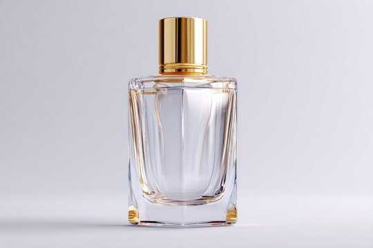 Empty glass perfume bottle with gold cap.