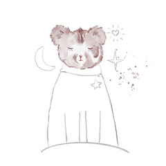 Watercolor illustration with pencil contour, baby bear. Sleeping pink bear art. Baby animals illustration