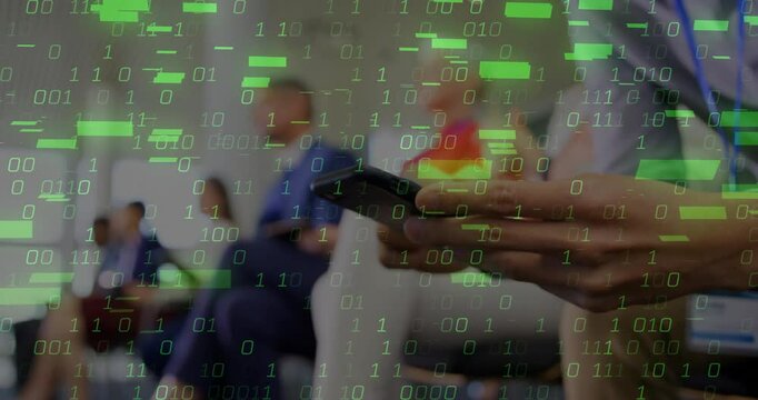 Business casual man tapping smartphone in business lounge visualizing dynamic binary code overlay