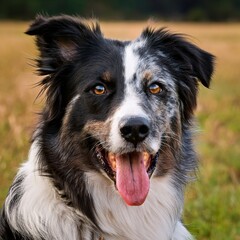 Fototapeta premium Happy Border Collie Dog Portrait with Brown Eyes and Tongue Out in a Field � Adorable Pet Photography