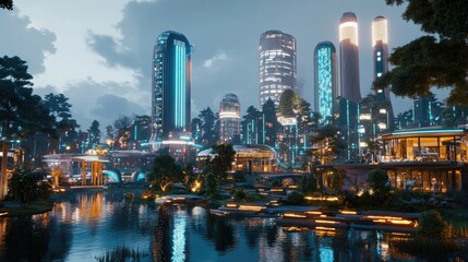 Obraz premium Futuristic cityscape with neon lights and vibrant architecture reflecting on serene water at dusk in a modern urban landscape