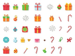 Christmas icon PNG bundle gifts, ornaments, snowflakes, candy canes bright colors, flat style, 3 horizontal rows, isolated on white background, festive clipart pack, Ai Generate.