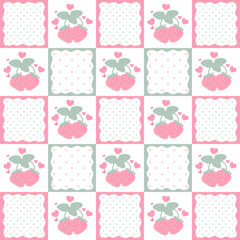 Seamless pattern featuring wild strawberries, gingham texture, and hearts. Perfect for fabric, wrapping paper, and romantic summer designs