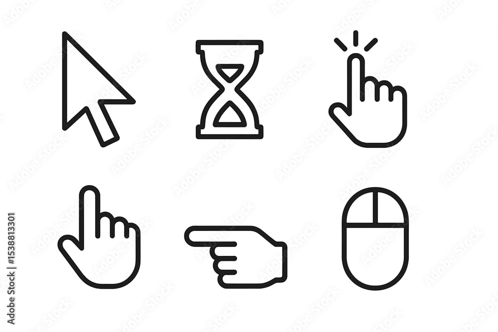 Poster various cursor icons featuring hand gestures and hourglass symbols representing user interface inter
