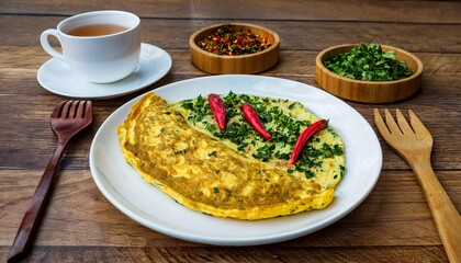 Delicious Omelette Breakfast with Herbs, Chili Peppers, Tea, and Side Dishes on a Wooden Table - Healthy Morning Meal Concept