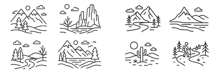 Scenic mountain landscapes featuring serene lakes, winding paths, and diverse vegetation under clear skies